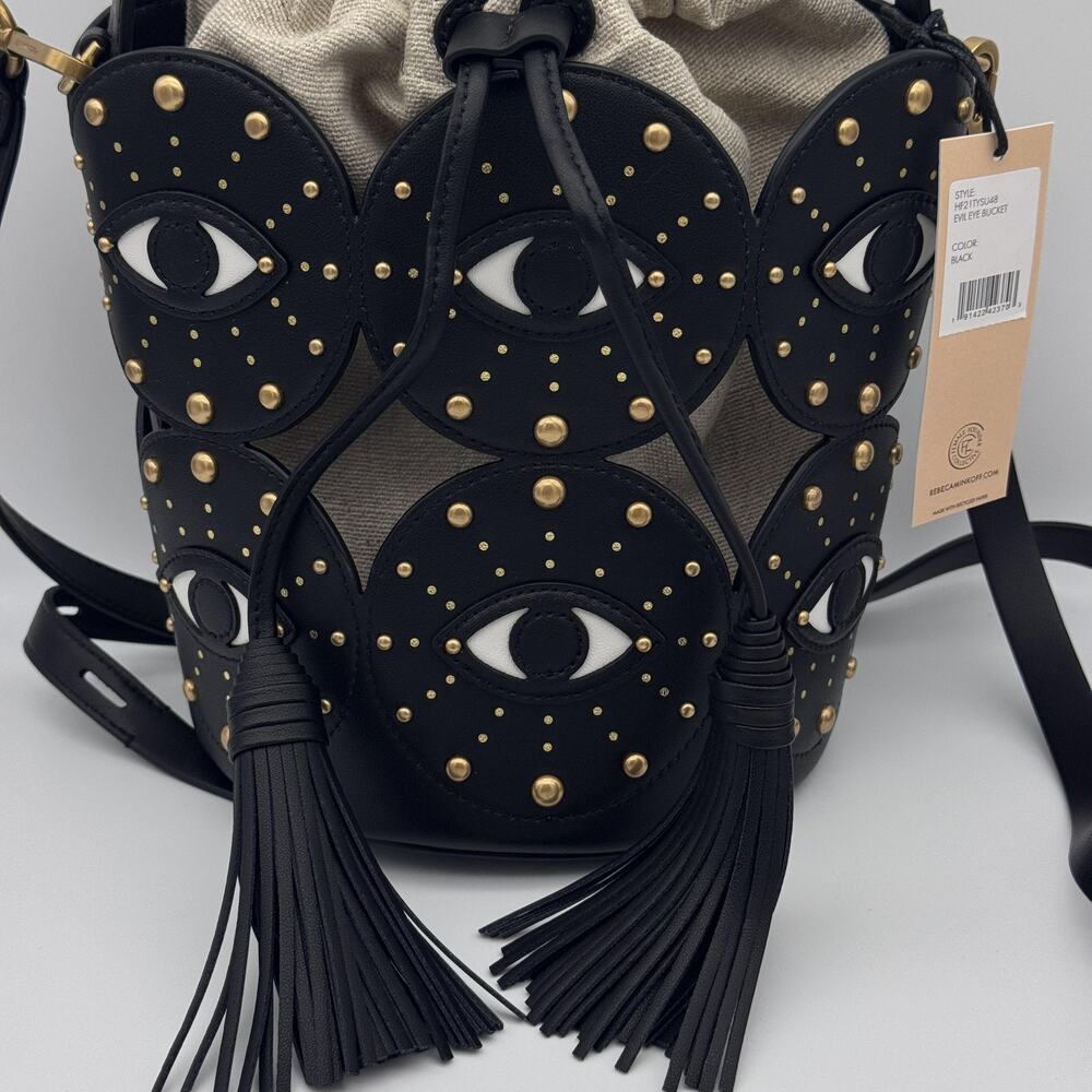 Rebecca Minkoff Evil Eye Bucket Bag Studded Leather Canvas Crossbody Black NEW - Picture 5 of 16